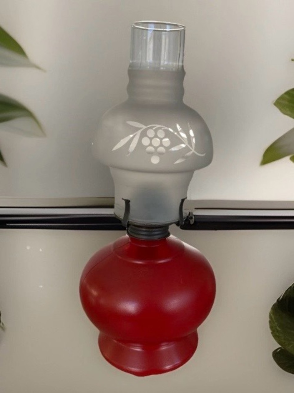 Beautiful Red Glass Oil Lamp with hooded grape design chimney. EUC